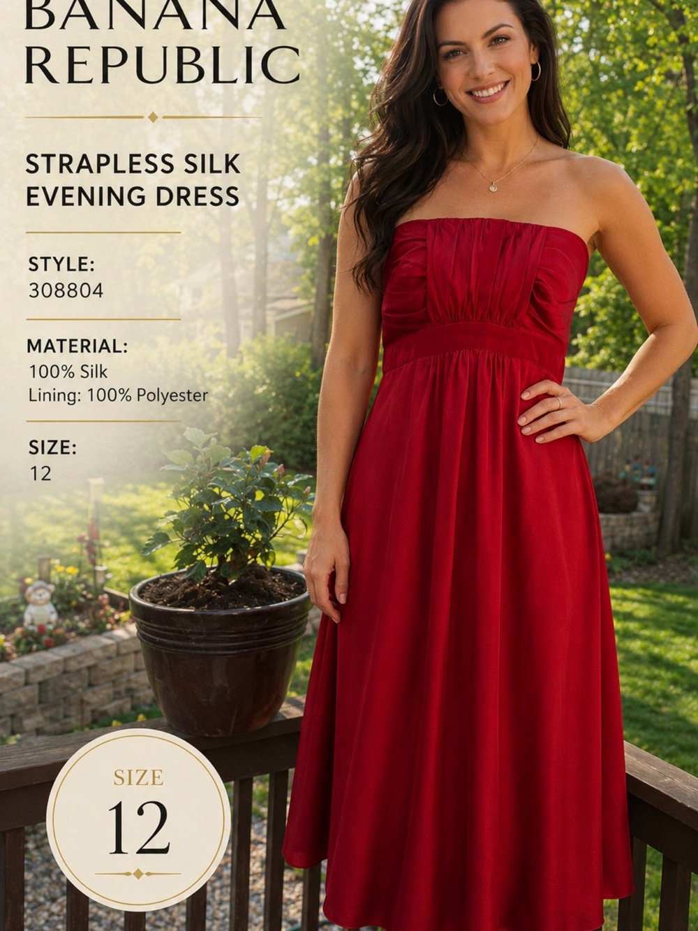 BANANA REPUBLIC Size 12 L 100% Silk STRAPLESS BURGANDY DRESS
